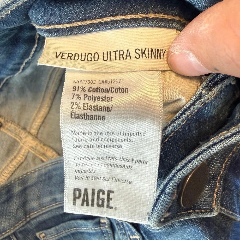 PAIGE Verdugo Ultra Skinny Jeans Medium Wash Ripped Knees Size 26